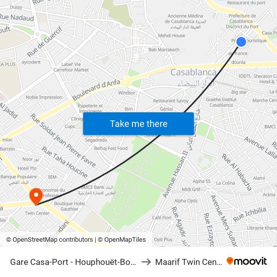 Gare Casa-Port - Houphouët-Boigny to Maarif Twin Center map