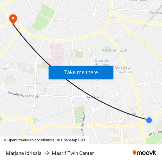 Marjane Idrissia to Maarif Twin Center map