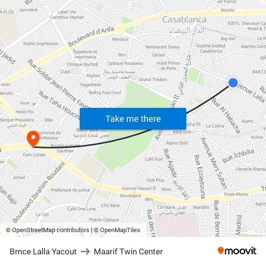 Bmce Lalla Yacout to Maarif Twin Center map