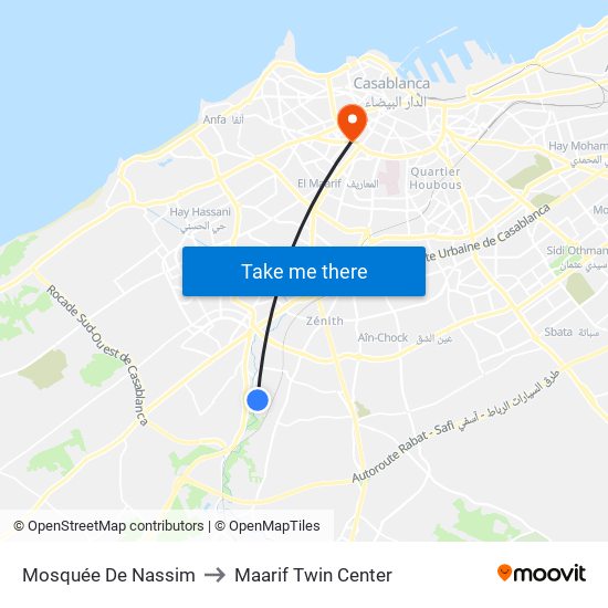 Mosquée De Nassim to Maarif Twin Center map