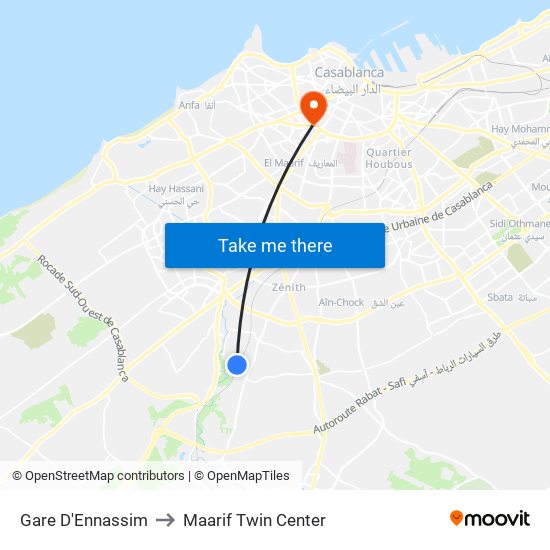 Gare D'Ennassim to Maarif Twin Center map
