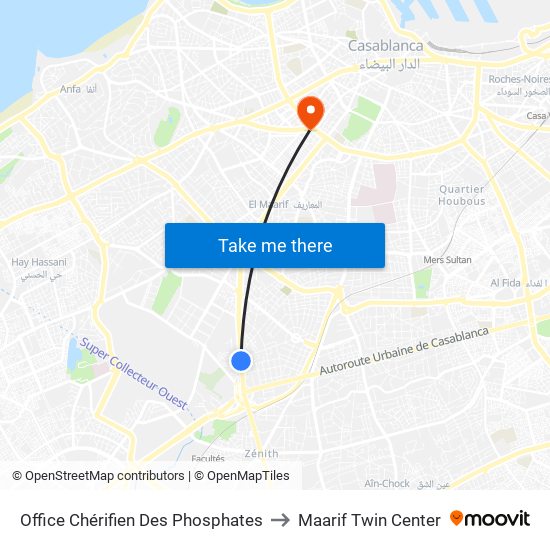 Office Chérifien Des Phosphates to Maarif Twin Center map