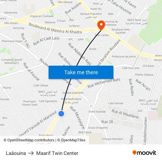 Laâouina to Maarif Twin Center map