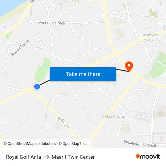 Royal Golf Anfa to Maarif Twin Center map