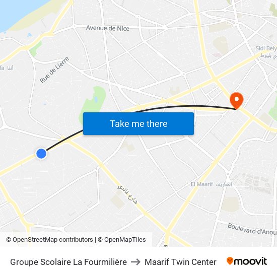 Groupe Scolaire La Fourmilière to Maarif Twin Center map