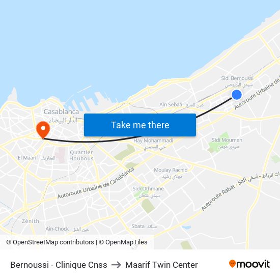 Bernoussi - Clinique Cnss to Maarif Twin Center map