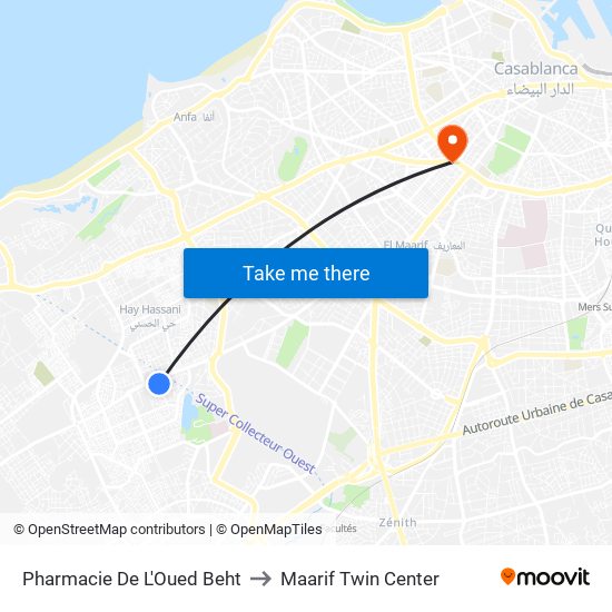 Pharmacie De L'Oued Beht to Maarif Twin Center map