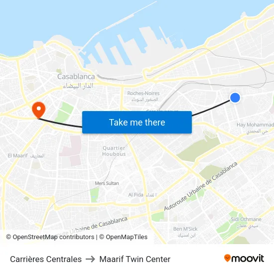 Carrières Centrales to Maarif Twin Center map
