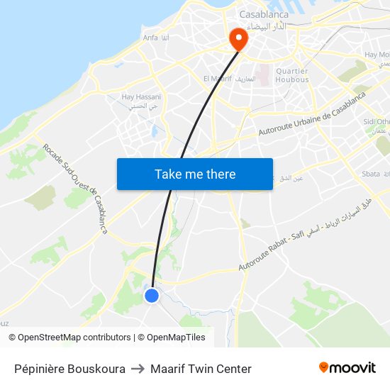 Pépinière Bouskoura to Maarif Twin Center map