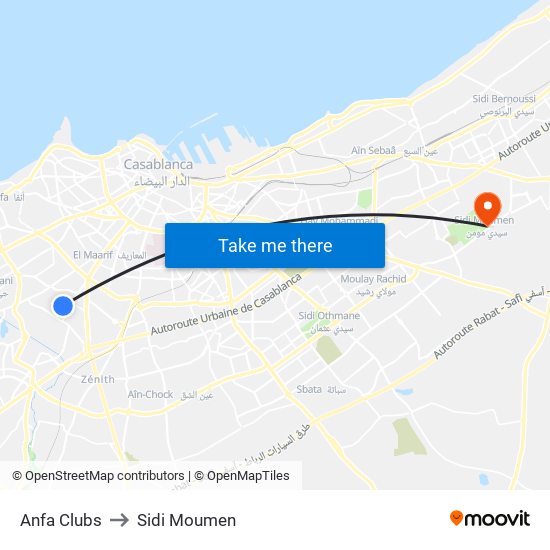 Anfa Clubs to Sidi Moumen map
