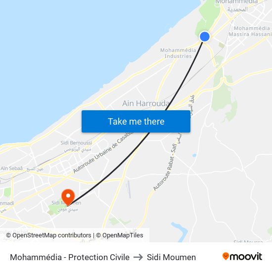 Mohammédia - Protection Civile to Sidi Moumen map