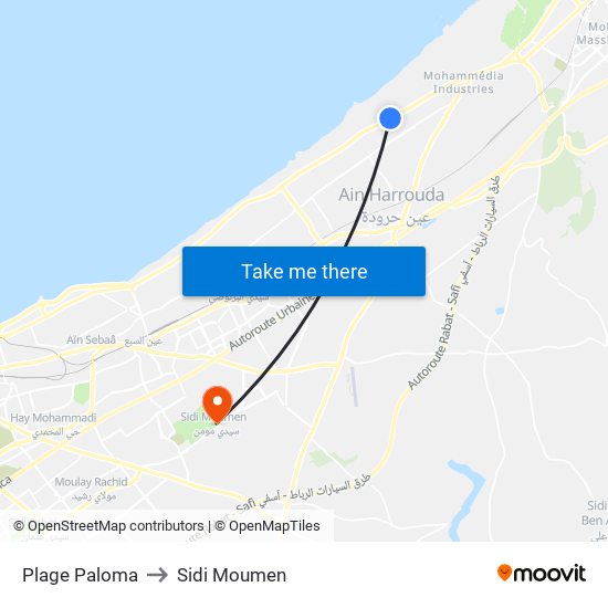 Plage Paloma to Sidi Moumen map