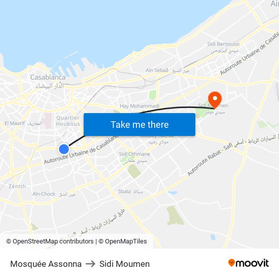 Mosquée Assonna to Sidi Moumen map