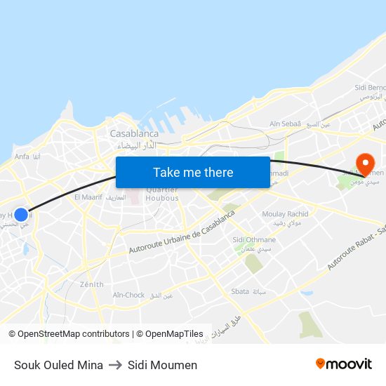 Souk Ouled Mina to Sidi Moumen map