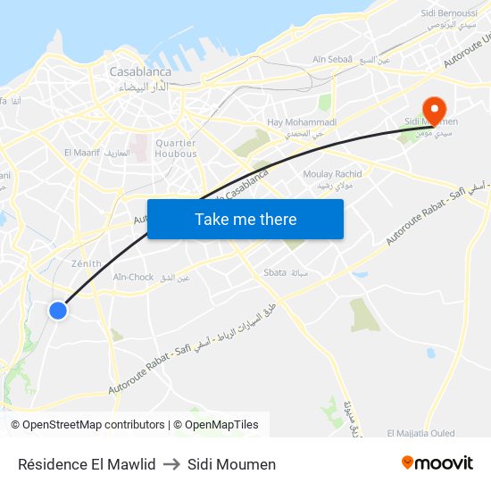 Résidence El Mawlid to Sidi Moumen map