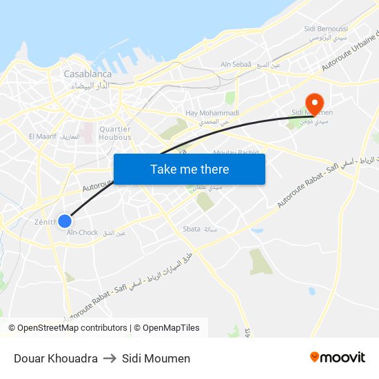 Douar Khouadra to Sidi Moumen map