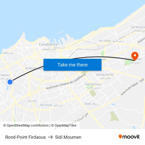 Rond-Point Firdaous to Sidi Moumen map