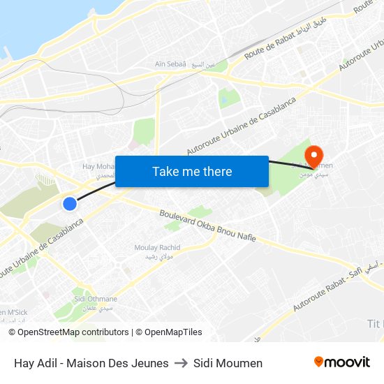 Hay Adil - Maison Des Jeunes to Sidi Moumen map