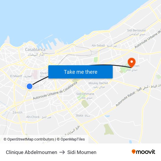 Clinique Abdelmoumen to Sidi Moumen map