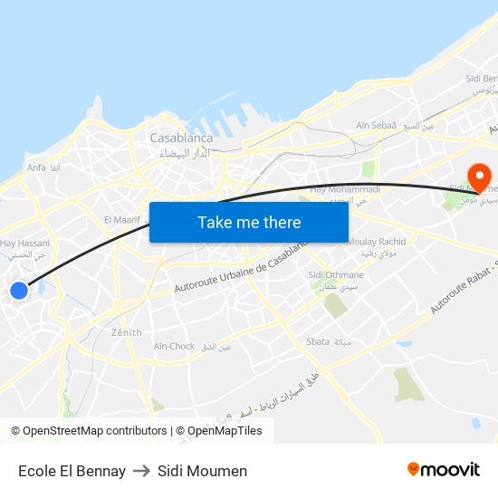 Ecole El Bennay to Sidi Moumen map