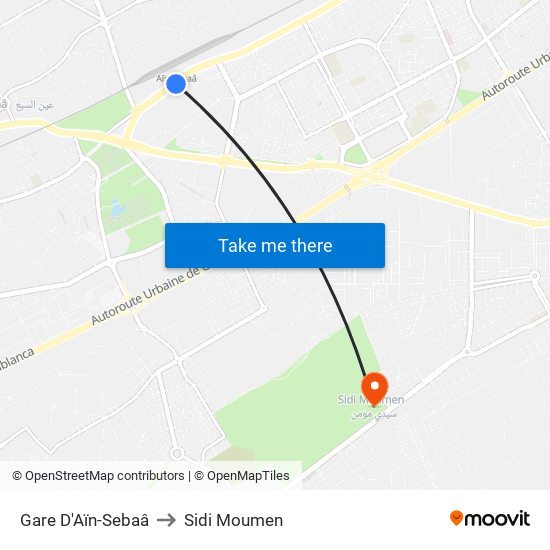 Gare D'Aïn-Sebaâ to Sidi Moumen map