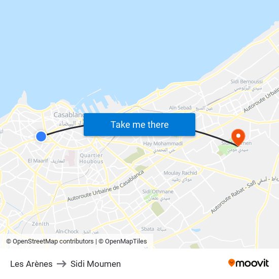 Les Arènes to Sidi Moumen map
