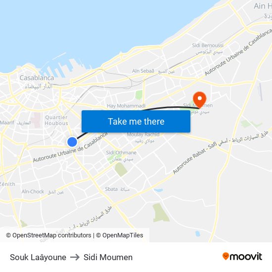 Souk Laâyoune to Sidi Moumen map