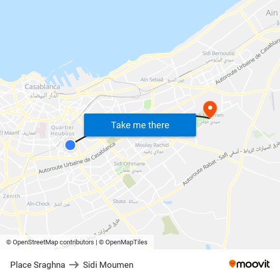 Place Sraghna to Sidi Moumen map