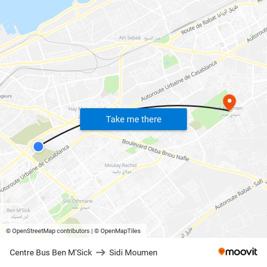 Centre Bus Ben M'Sick to Sidi Moumen map