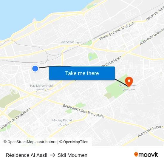 Résidence Al Assil to Sidi Moumen map