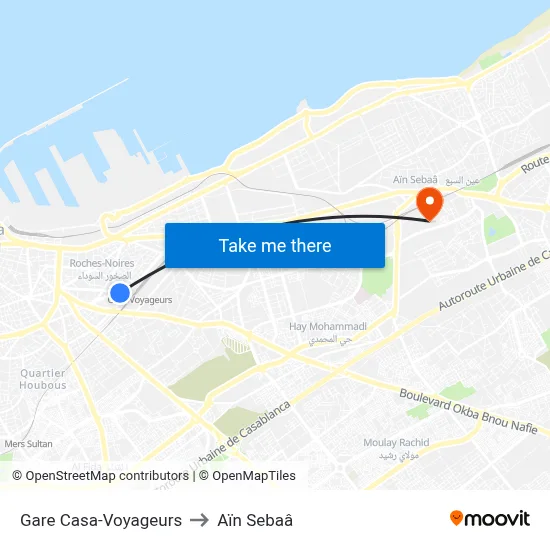 Gare Casa-Voyageurs to Aïn Sebaâ map