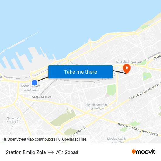 Station Emile Zola to Aïn Sebaâ map