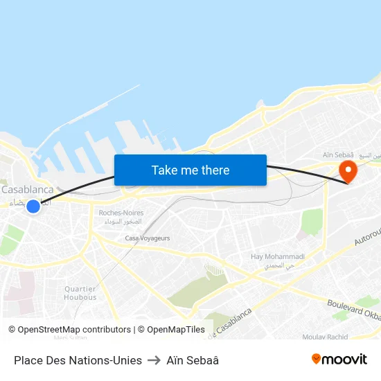 Place Des Nations-Unies to Aïn Sebaâ map