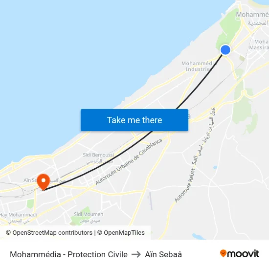 Mohammédia - Protection Civile to Aïn Sebaâ map