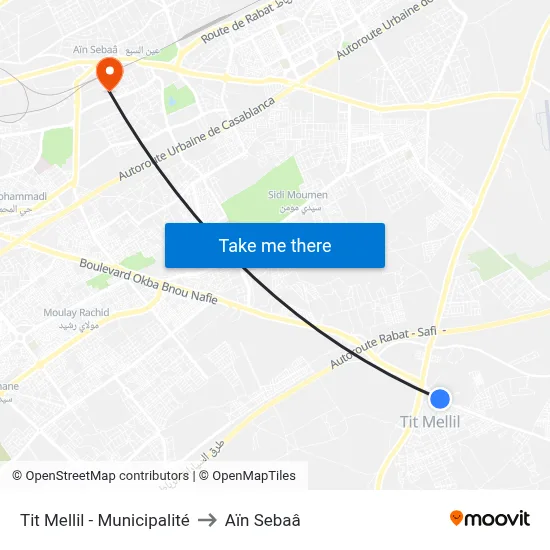Tit Mellil - Municipalité to Aïn Sebaâ map