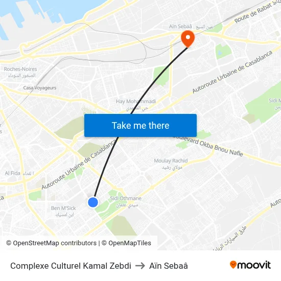 Complexe Culturel Kamal Zebdi to Aïn Sebaâ map
