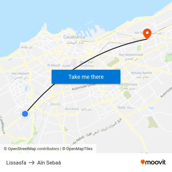 Lissasfa to Aïn Sebaâ map