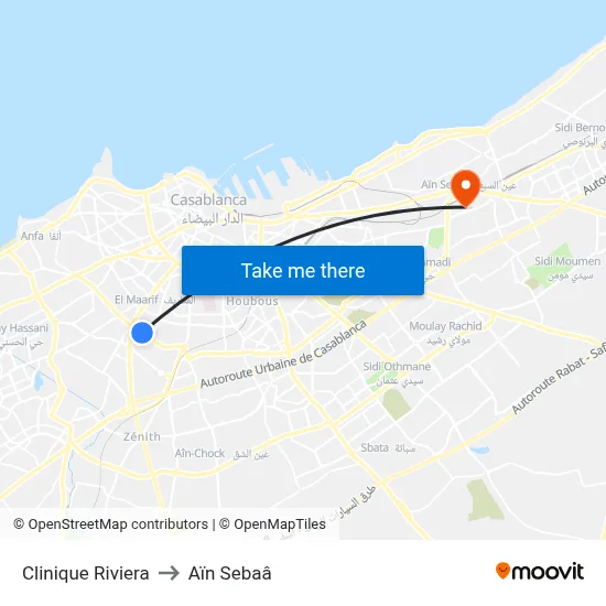 Clinique Riviera to Aïn Sebaâ map