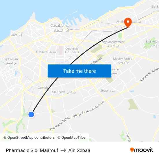 Pharmacie Sidi Maârouf to Aïn Sebaâ map