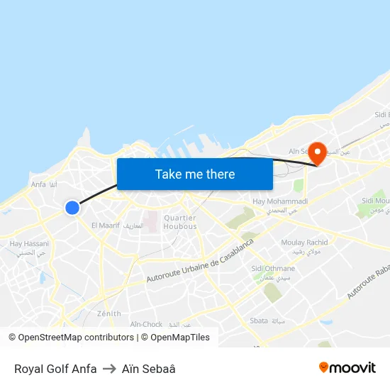 Royal Golf Anfa to Aïn Sebaâ map