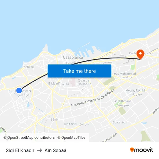 Sidi El Khadir to Aïn Sebaâ map