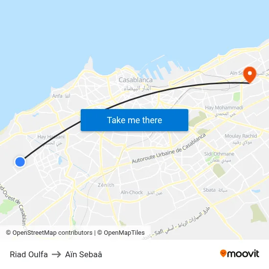 Riad Oulfa to Aïn Sebaâ map