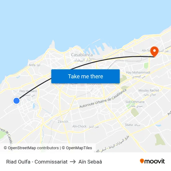 Riad Oulfa - Commissariat to Aïn Sebaâ map