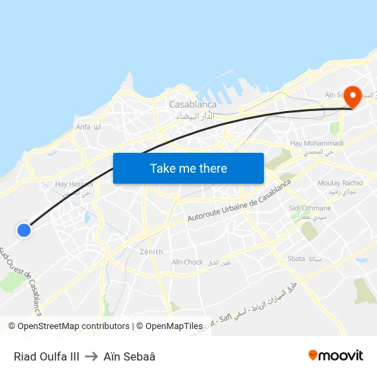 Riad Oulfa III to Aïn Sebaâ map