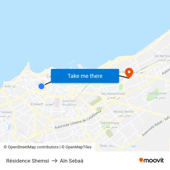 Résidence Shemsi to Aïn Sebaâ map