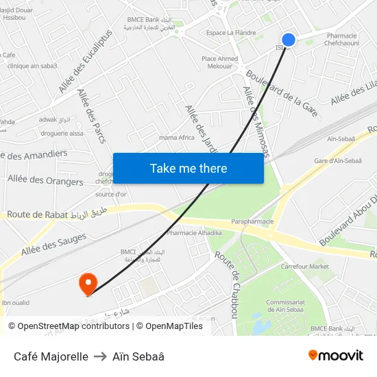 Café Majorelle to Aïn Sebaâ map