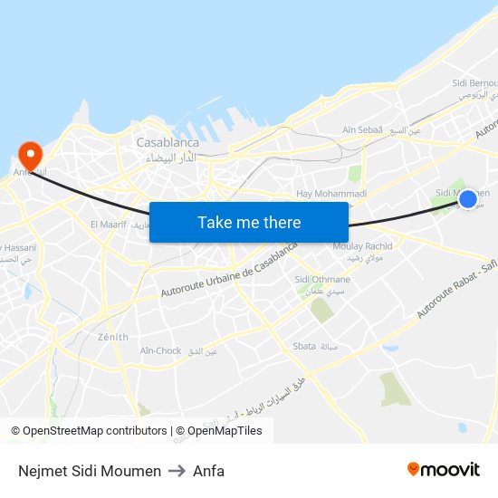 Nejmet Sidi Moumen to Anfa map
