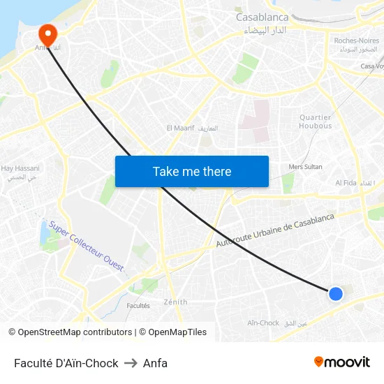 Faculté D'Aïn-Chock to Anfa map