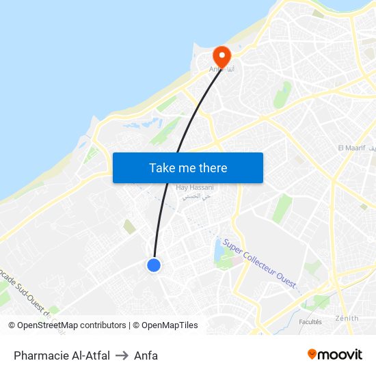 Pharmacie Al-Atfal to Anfa map