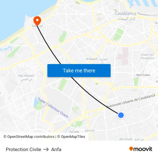 Protection Civile to Anfa map